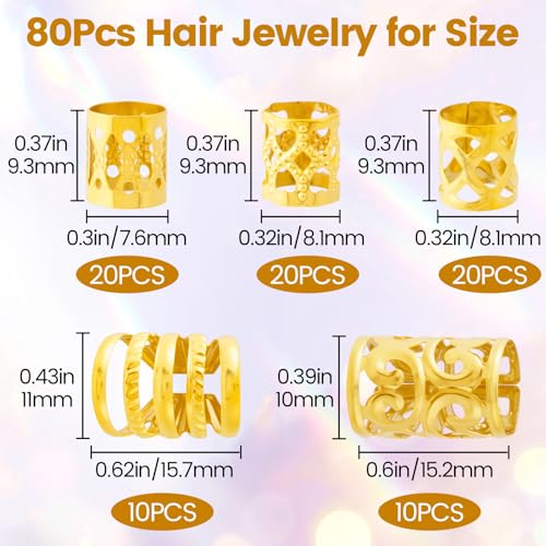 SmallCat 80 Pcs Gold Hair Jewelry for Braids & Dreadlocks Cuffs