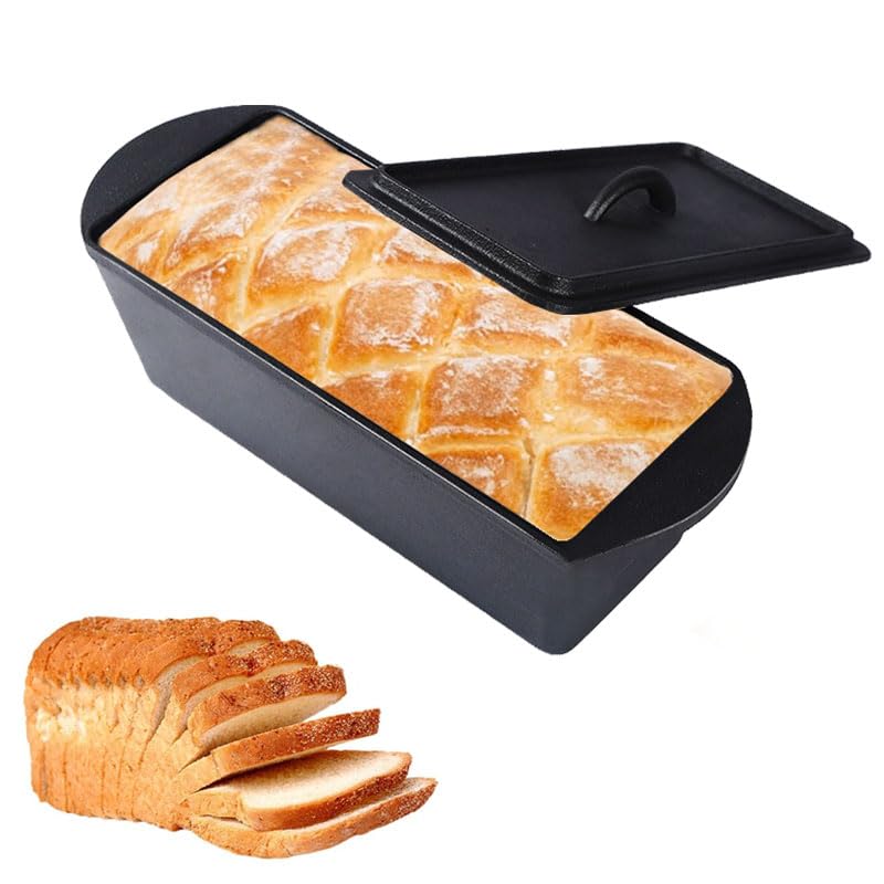 PADELE Cast Iron Bread Pan with Lid - 2LB Capacity (13x5 Inch) Large Pullman Loaf Pan for Homemade Bread - Non-Stick，Dual Handle, Pre-Seasoned, Rust-Resistant (Black-Cast Iron)