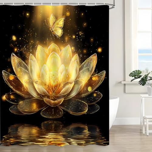 Black Gold Lotus Flower Shower Curtain, 70 x 70 Inch - Boho Design