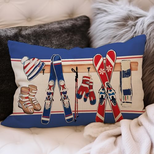 Winter Skiing Decorative Throw Pillow Cover - 12x20 Cotton Linen