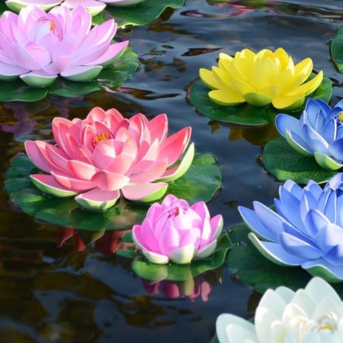 Set of 6 Large White Artificial Lotus Flowers with Lily Pads
