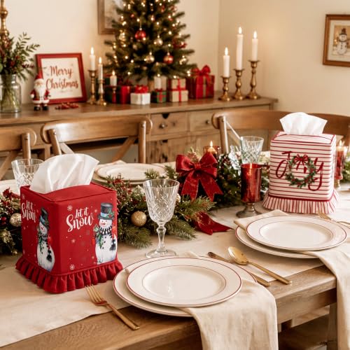 Snowman Tissue Box Cover - 2 Piece Christmas Linen Decor with Ruffled Edges