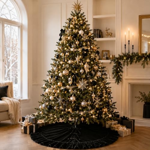 122cm Black Velvet Christmas Tree Skirt with Ruffled Edge and Bow Ties - Modern Holiday Decor