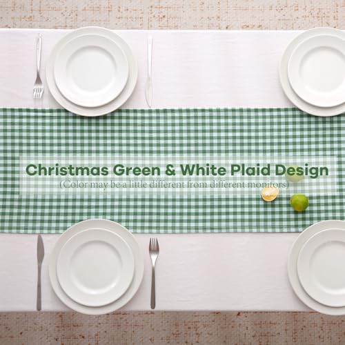 Green White Plaid Gingham Ruffle Table Runner - 13x72 Inch, Cotton