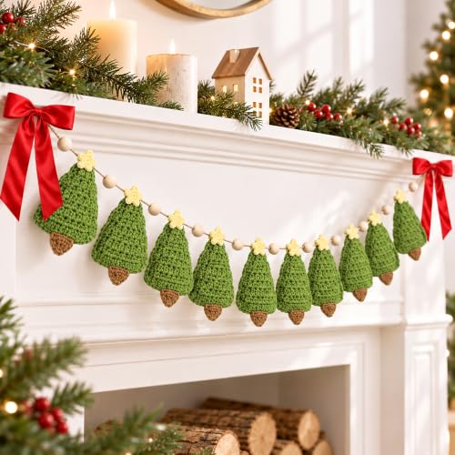 6.7ft Crochet Christmas Tree Garland with Wooden Beads and Red Bows - Rustic Holiday Decor