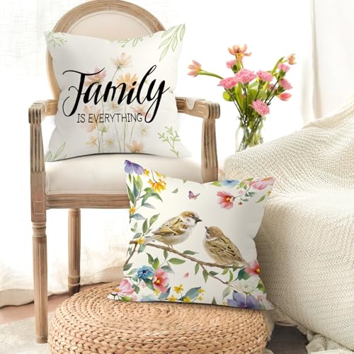 Joymaison 18x18 Velvet Throw Pillow Covers, Set of 4 Spring Floral Birds