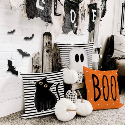 GEEORY Halloween Pillow Covers Set of 4 - 18x18 Inch Ghost & Cat Designs