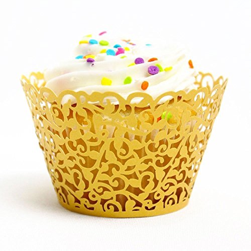 Gold Filigree Cupcake Wrappers Pack of 50 - Laser Cut Lace Baking Liners