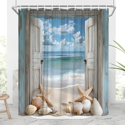Coastal Beach Shower Curtain 70x70 inch | Nautical Design with Seashells