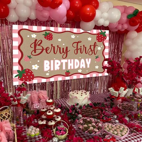 Strawberry Birthday Banner for First Birthday Party Decorations Girls Kids