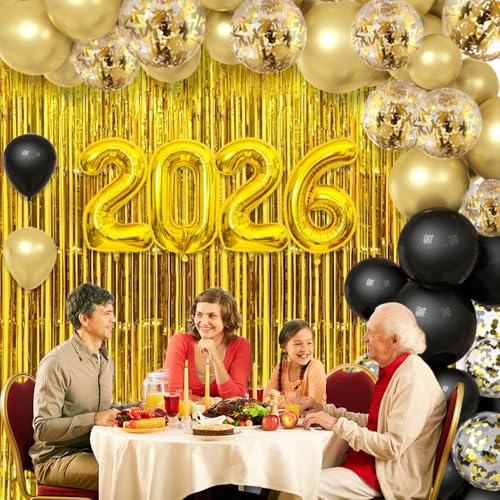 2026 New Year Decorations Kit - 89pcs Black & Gold Party Supplies
