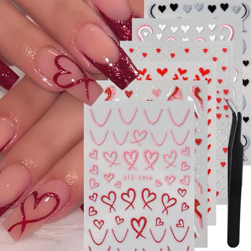 Glitter Heart Nail Stickers Set with Tweezers - 6 Sheets Valentine's Day