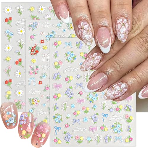 5D Embossed Floral Nail Stickers - Blue Flowers & Bows Self-Adhesive Art Decals (3 Sheets)