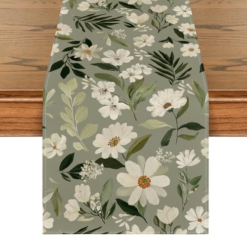 Green Olive Daisy Spring Table Runner 13x72 Inch Home Decor - Sage Green