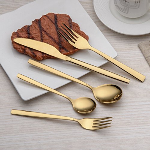 Titanium Gold Flatware Set - 20 Piece Service for 4, Golden Silverware Set with Dinner & Tea Utensils