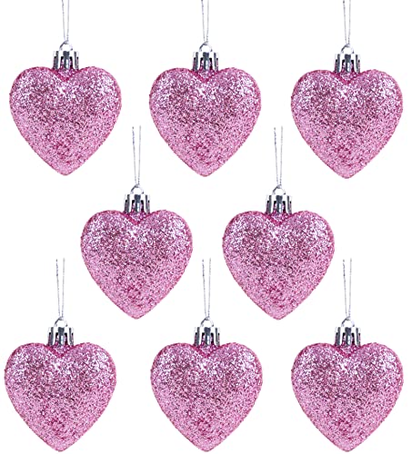 Baby Pink Glitter Heart Christmas Tree Ornaments - 8 Pack