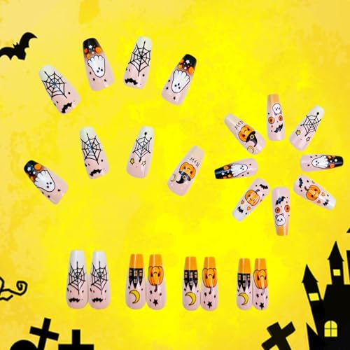 Halloween Pink Press on Nails Medium Ballet Pumpkin Ghost False Nails