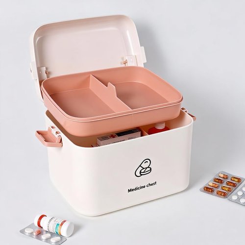 Home Multi-Layer Medicine Storage Box - 2-Tier Design with Portable Handle & Snap-Lock Closure