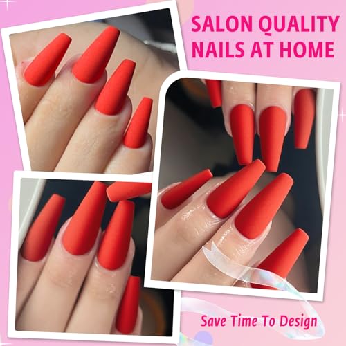 AddFavor 120pcs Matte Red Long Coffin Press on Nails with Glue