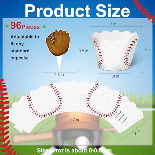 Retro Baseball Cupcake Toppers & Wrappers Set - Party Supplies, 96 Pieces