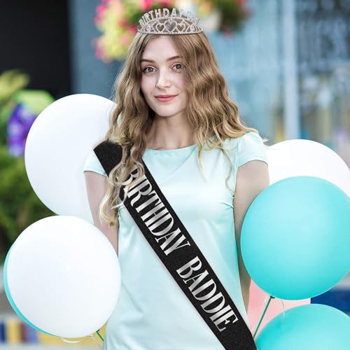 Exacoo Birthday Baddie Sash Black Satin with Silver Foil Lettering