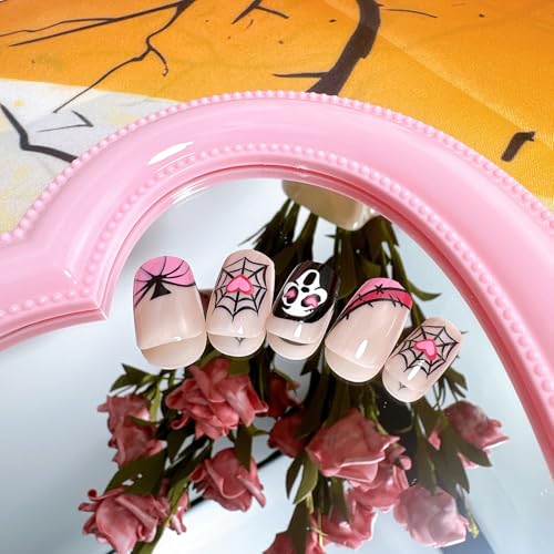 Halloween Press on Nails Short Square French Tip False Nail Kit