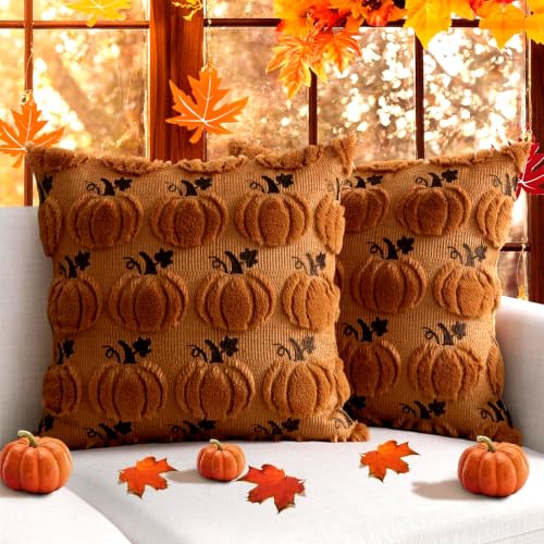Thmyo Caramel Pumpkin Fall Pillow Covers 18x18 Inch 2-Pack Halloween Thanksgiving Decor