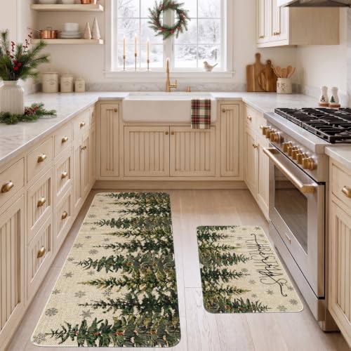 Christmas Kitchen Mats Set of 2 Non Slip Washable Pine Tree Christmas Rugs - Indoor Holiday Decor