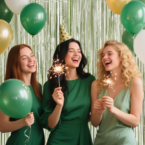 Sage Green Foil Fringe Curtain Set - 4 Pack Tinsel Backdrop for Parties