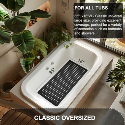TEESHLY Black Bath Mat with Suction Cups & Drain Holes, 35x16 Inch Non-Slip Shower Rug