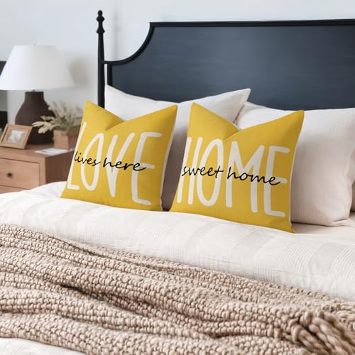 YCOLL Yellow Farmhouse Pillow Covers 18x18 (Set of 4) - Rustic Linen Cushion Covers for Couch & Bedroom Decor