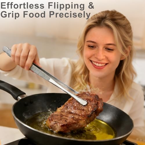 12-Inch Stainless Steel Cooking Tweezers - Dual-Tip Tongs for BBQ & Plating