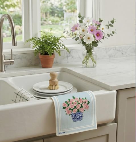 Linhome Garden Collection Swedish Dishcloth - Pink Peony, Reusable & Compostable