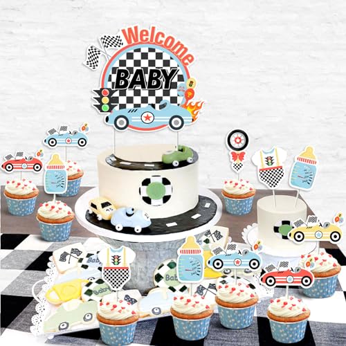 Vintage Race Car Baby Shower Cake Topper Set - 1 Cake Topper & 24 Cupcake Toppers