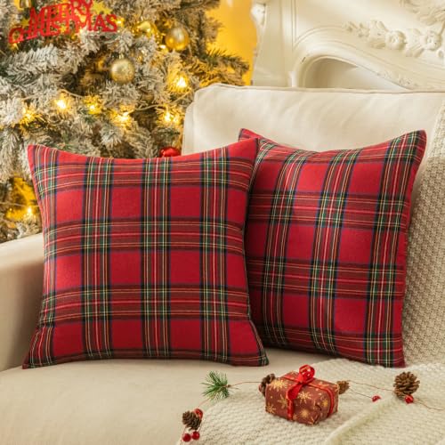 Christmas Plaid Throw Pillow Covers Set of 2 - Red & Green 22x22 Inches