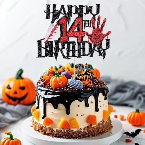 Glitter Killer Happy 14th Birthday Cake Topper - Halloween Decor