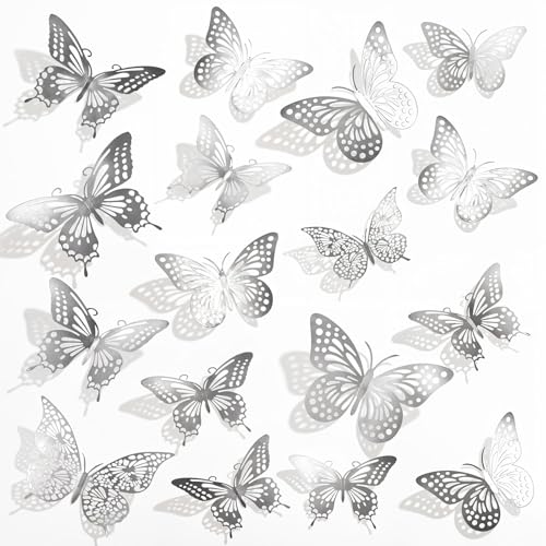 48 Pcs Silver 3D Butterfly Wall Decor Stickers for Crafts and Cake Toppers