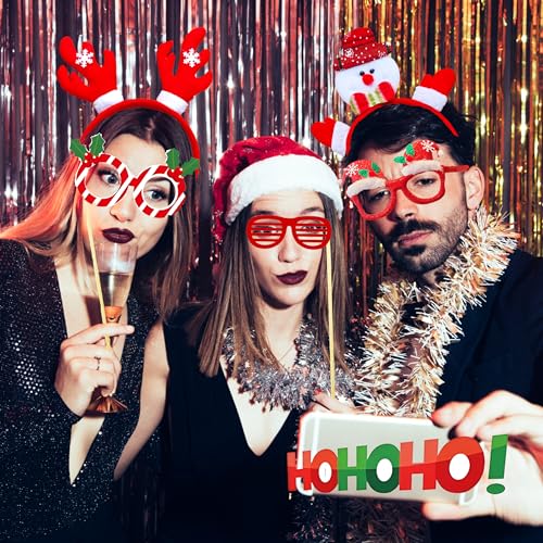 Christmas Photo Booth Props Kit 52 Pcs with Glitter Glasses Hats Signs - Holiday Party Decorations