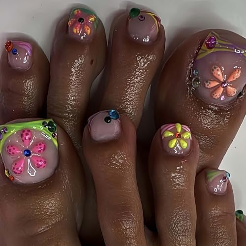 French Tip Press On Toenails Short Square 3D Flower Rhinestone