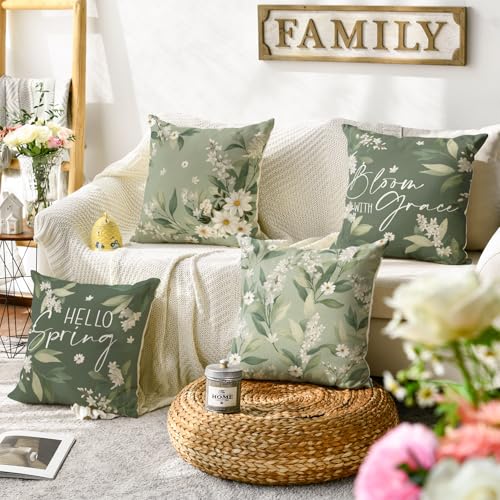 AVOIN colorlife 18x18 Inch Spring Daisy Throw Pillow Covers Set of 4 - White & Green Decorative Cushion Cases
