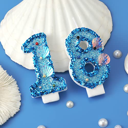 3-Inch Blue Glitter Shell Number Candle for Birthday Cake