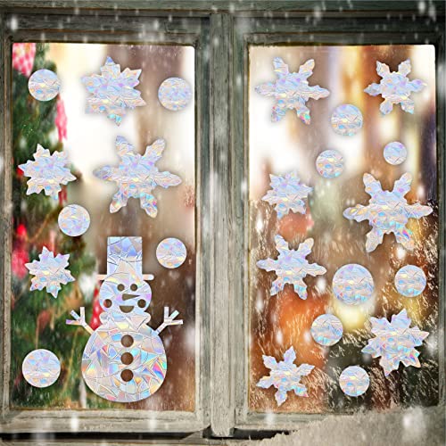 Christmas Snowflake Window Clings with Snowman Variation - Rainbow Rainbow Prismatic Vinyl Decals for Birds Strike Prevention