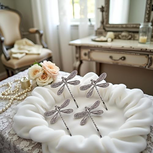 Dragonfly Bridal Hair Clips - 4Pcs Antique Silver Barrettes