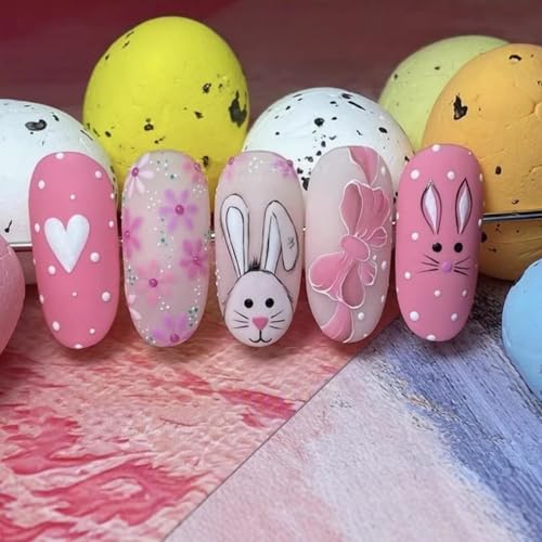 Easter Press on Nails Medium Almond Pink Matte Bunny Fake Nails