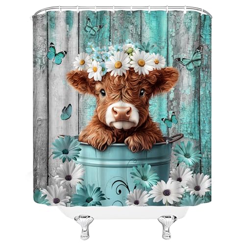 Highland Cow Shower Curtain 70x70 Inches - Teal Floral Design