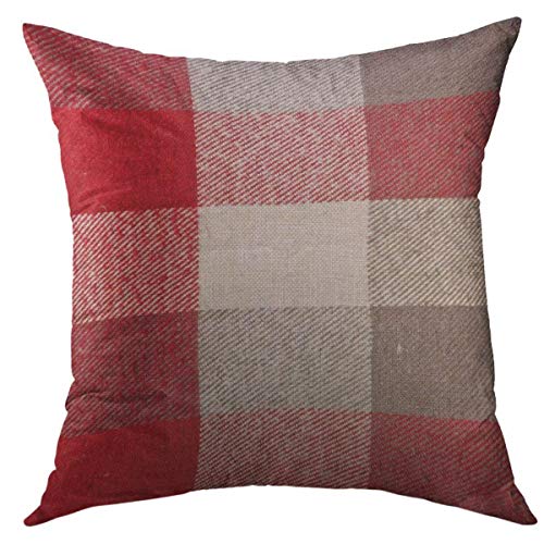 Mugod 18x18 Inch Plaid Red Grey Throw Pillow Cover - Cotton Linen