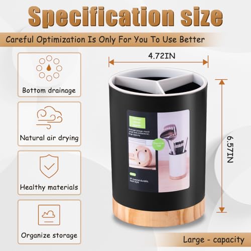 Kitchen Utensil Holder with Removable Divider and Wooden Drain Base