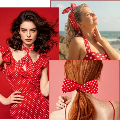 Vintage Red Polka Dot Headband with Adjustable Bow Retro Hair Band