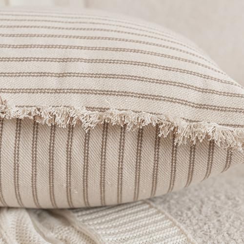 Set of 2 18x18 Inch Farmhouse Boho Throw Pillow Covers with Tassels - Neutral Cotton Decor