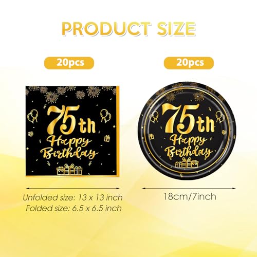75th Birthday Party Decorations Kit for Men Women - Black & Gold Plates & Napkins | 75th Variation